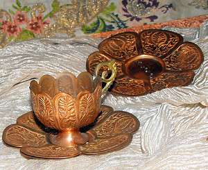 Antique Turkish Copper floral relief Demitasse cup & saucers 11 