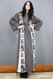   60s b/w OP ART Linen GODDESS Cotton KIMONO Mod HIPPIE Maxi Dress L/XL