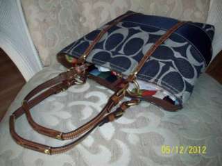 Coach 11179 BLUE Denim /BROWN Leather Signature Legacy Stripe Tote Bag 