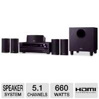 The Onkyo HTS3500 Home Theater System includes five speakers and one 8 