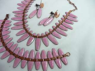   Deco Matisse Copper Enameled Pink Nefertiti Necklace Bracelet Earrings
