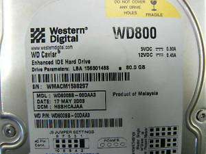 WESTERN DIGITAL 80GB IDE 7.2K HARD DRIVE WD800BB 00DAA3 718037103938 