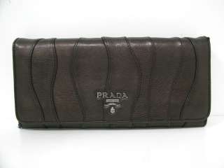 Auth PRADA Leather Long Bi fold Wallet Dark brown  