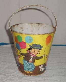 VINTAGE TIN SAND PAIL CHEIN CHILDREN WITH BALLOONS AND ANIMALS  