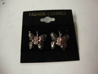 16MM X 22MM FILIGREE BUTTERFLY EARRINGS WITH TWO CENTER PINK CRYSTALS 