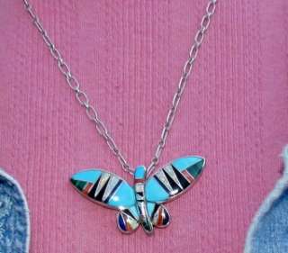 VINTAGE STERLING SILVER TURQUOISE MULTI STONE BUTTERFLY PENDANT 