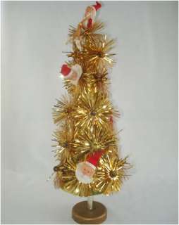 Gold Tinsel Pixie Elves 60s Tabletop Christmas Tree IOB  