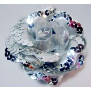  Silver Sequin Rose Hair Flower Clip Pin and Band 