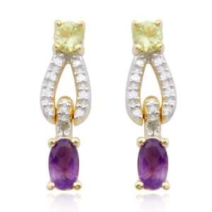   Silver Genuine Amethyst and Peridot with Diamond Accent Drop Earrings