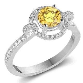   Canary Yellow Round Diamond Engagement Ring Bridal Set 14k White Gold