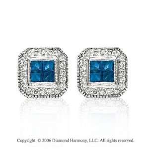   14k White Gold Princess Blue Sapphire Stud Diamond Earrings Jewelry