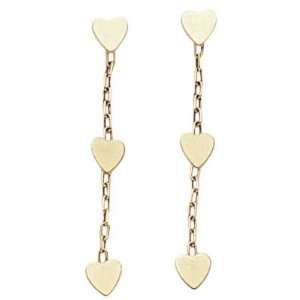    18K Yellow Gold Triple Love Heart Chain Drop Earrings Jewelry