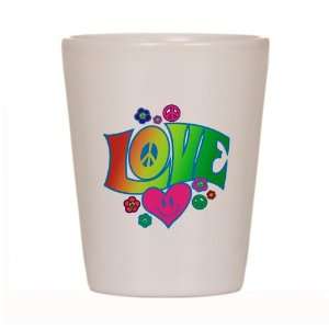  Shot Glass White of Love Peace Symbols Hearts and Flowers 