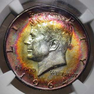 1964 d NGC MS64 Rainbow Target Toned Kennedy Half Dollar N/R  