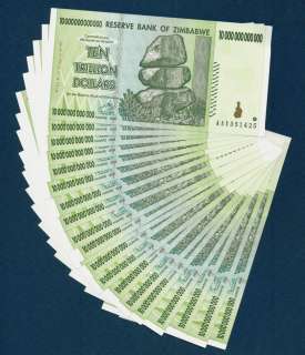 10 TRILLION ZIMBABWE DOLLARS x 20 BANK NOTES ALMOST UNC  