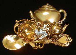 Tea Brooch 24 karat Gold Plate Pot Kettle Cup Spoon Bag  