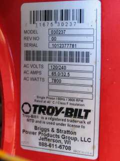 Troy Bilt 7800 watt Generator Model # 030237 7800w   North GA 30528 