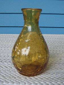 Hand Blown Crackle Glass Amber Vase Unknown Maker  