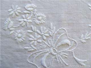 Antique White Linen Cloth Hand Embroidered Whitework Flower Swags 