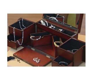 Vintage Mahogany Wood Jewelry Chest Box w Lock & Key  