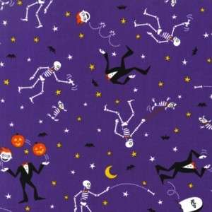 Eerie Alley Halloween Fabric Purple Skeleton Bats RIP  
