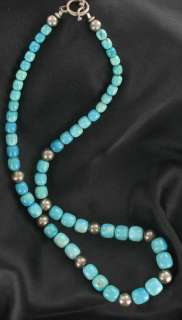   BEAUTY TURQUOISE BARREL BEADS NECKLACE LARGE STERLING~  