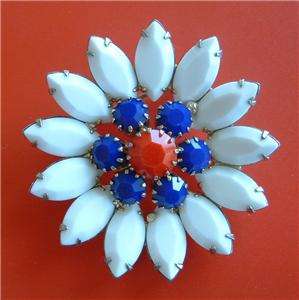   Vintage Patriotic Red Blue White Milk Glass Cluster Flower Brooch Pin