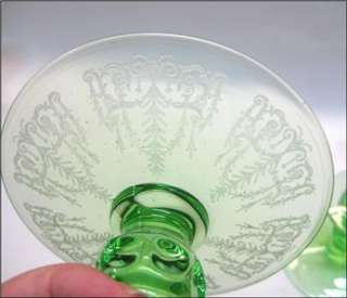Cambridge Cleo Etched Green Vaseline Glass Deco Candlesticks PR  