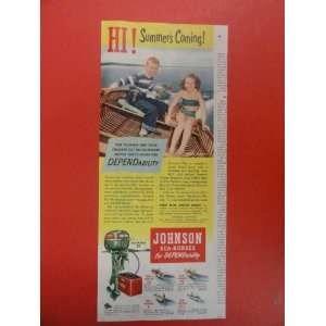 Johnson Sea Horse Outboard Motor Print Ad.boy/girl swim suit in boat 