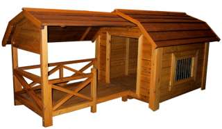   Barn Style Dog Pet House Covered Porch Outdoor Style Cedar Wood Light