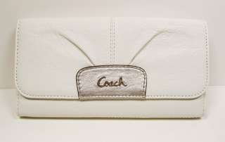 Coach Ashley Leather Checkbook Pleated Wallet 46143 White / Silver 