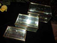   GLASS & BRASS MATCHED SET 3 SHOWCASE TRINKET BOXES ETCHED TULIP SPRAYS
