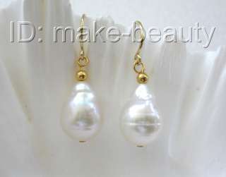   15mm baroque white keshi reborn freshwater pearls dangle earrings 14K