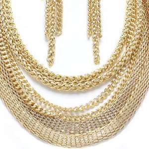 Fancy Chunky Gold Tone Multi Layered Chains Statement Bib Necklace and 