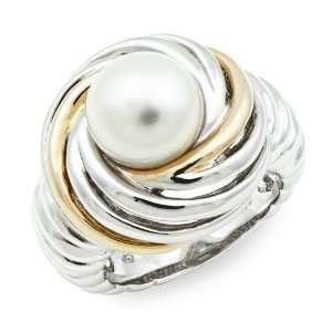 10mm White Freshwater Pearl Chunky Twisted Swirl Ring in Sterling 