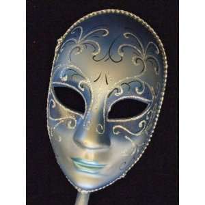   Mask Full Face Mardi Gras Round Blue Venetian Masquerade Stick Costume