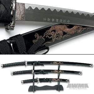 Piece Black Dragon Sword Set with Wood Display Rack Martial Arts 