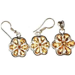   Fine Cut Citrine Pendant with Earrings Set   Sterling Silver Jewelry