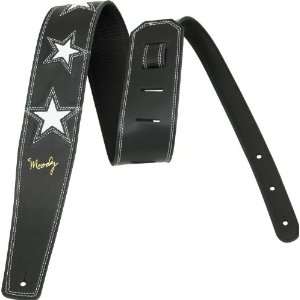  Moody Leather Guitar Strap, Black 2.5 Inch/ Six Red Stars 