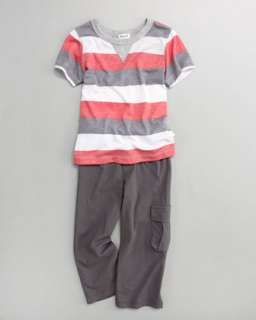 Melange Rugby Tee and Cargo Pants, Red/Charcoal