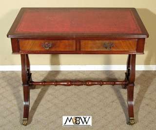 Vintage English Mahogany Leather Top Lyre Writing Table Desk
