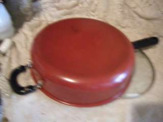 Vintage Red Enamelware T Fal Large Double Grip Skillet/Fry Pan  