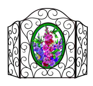 HUMMINGBIRD GLADIOLAS * STAINED GLASS FIREPLACE SCREEN  