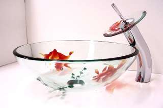 New Bath Clear Gold Fish Tempered Glass Vessel Sink Waterfall Faucet 