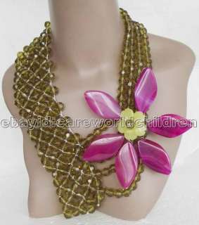Strd Green Faceted Crystal Big Agate Flower Necklace  