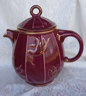 VINTAGE HALL BIRDCAGE TEAPOT MAROON WITH GOLD DECORATION.~BEAUTIFUL 