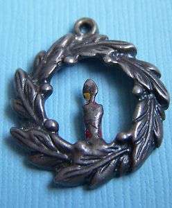 Vintage Christmas wreath candle sterling charm  
