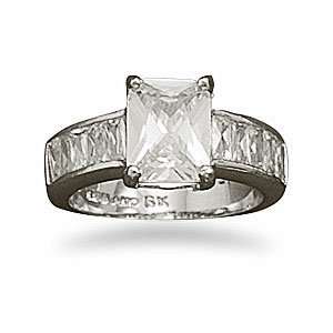  Rhodium Plated Ring With Emerald Cut Cz and Baguette Sides 