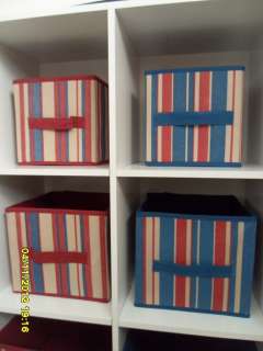 Storage Bins Collapsible Cloth Container BLUE BURGUNDY stripes CUBE 