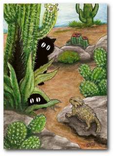   Black Cat Visit Desert Texas Horned Lizard Cactus ACEO LE Print  
